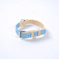 Cargar la imagen en la vista de la galería, Light blue and beige adjustable leather dog collar with gold buckle and D-ring