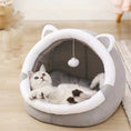 Load image into Gallery viewer, Gray and white plush cat cave bed with white mesh ears and hanging pompom, cat playing inside