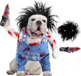 Charger l'image dans la visionneuse de la galerie, Dog wearing a Crazy Killer Halloween costume with blood-splattered blue jumpsuit, black messy wig, and holding a bloody knife prop