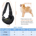 Load image into Gallery viewer, Measurement guide with pet sling carrier size dimensions and small dog showing back length for accurate fitting