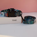 Load image into Gallery viewer, Blue and orange patterned nylon dog collar and matching leash displayed on white box with pink background