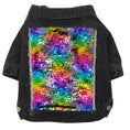 Charger l'image dans la visionneuse de la galerie, Flat lay of black denim dog jacket showing large multicolored sequin patch on back with frayed edges