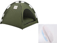 Cargar la imagen en la vista de la galería, Olive green pet tent bed with black cushioned interior and inset image of white and blue pet grooming brush