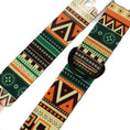 Load image into Gallery viewer, Close-up of green, orange, and black geometric patterned nylon dog collar fabric showing plastic buckle and metal D-ring