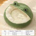 Load image into Gallery viewer, Open frog-shaped pet bed with plush cream interior and size chart, displayed on floor without pet