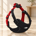 Cargar la imagen en la vista de la galería, Black red adjustable dog harness with chest panel and webbing straps on beige marble