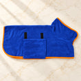 Load image into Gallery viewer, Royal blue dog drying robe with orange trim and belly flap on ivory marble
