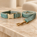 Charger l'image dans la visionneuse de la galerie, Mint velvet collar and matching leash with gold-tone fittings on beige marble