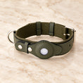 Load image into Gallery viewer, Olive dog collar with round tracker holder and silver-tone hardware on ivory marble