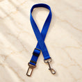 Load image into Gallery viewer, Blue adjustable pet car tether with metal seatbelt clip and swivel snap hook