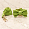 Charger l'image dans la visionneuse de la galerie, Matcha Velvet Dog Collar, Bow & Lead Set on pale ivory marble