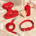 Charger l'image dans la visionneuse de la galerie, Red dog harness, collar, lead and bag holder arranged on beige marble