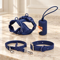 Charger l'image dans la visionneuse de la galerie, Sapphire Blue dog harness, collar, lead and bag holder arranged on beige marble