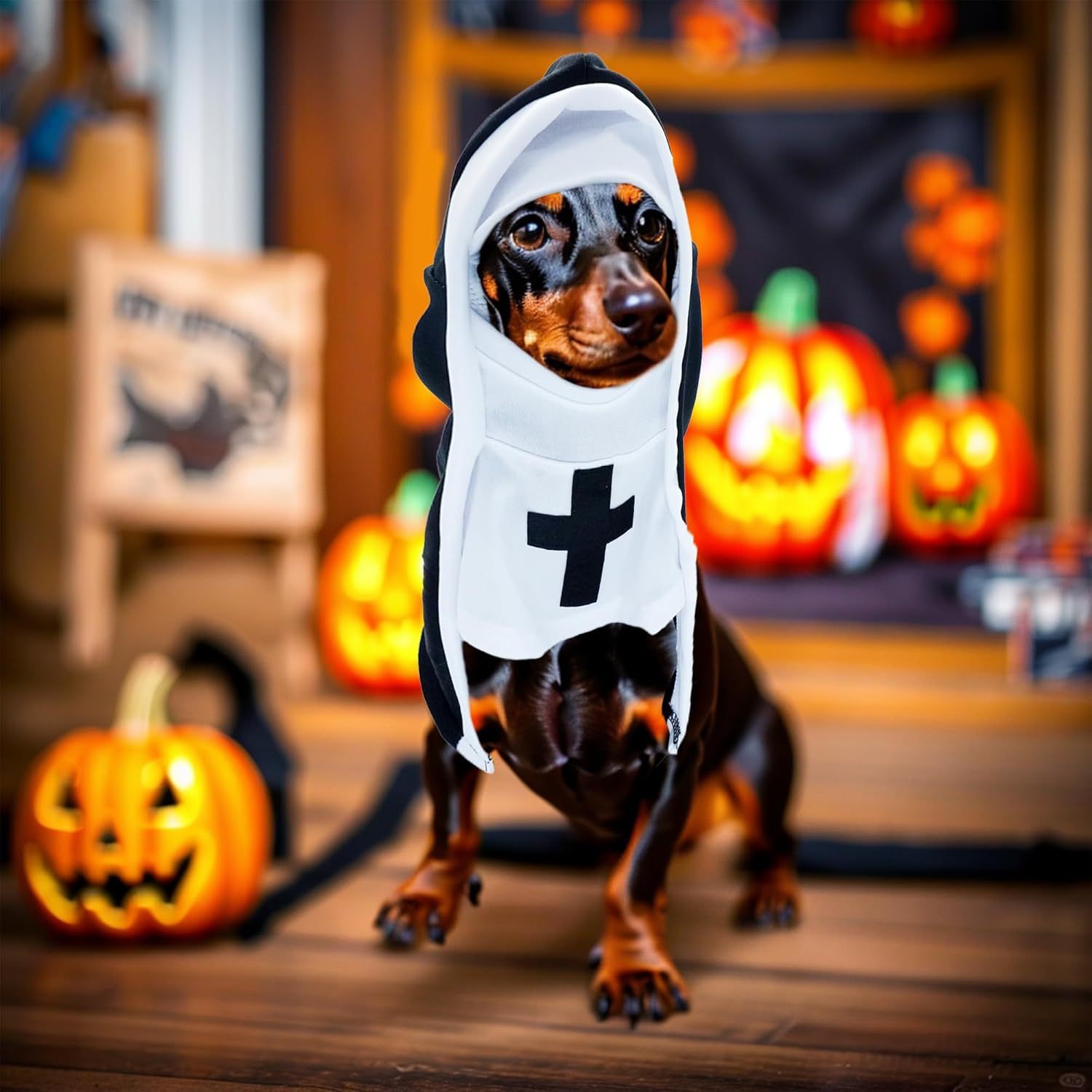Black and brown dog wearing nun costume sitting by jack-o'-lanterns on a porch