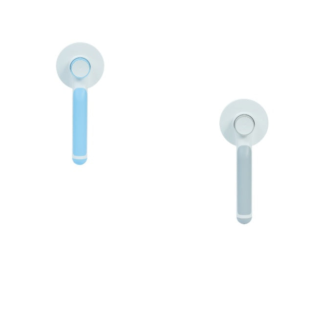 Blue and gray handled pet hair combs from top with round heads visible