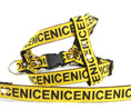 Cargar la imagen en la vista de la galería, Yellow nylon dog harness and leash with NICENICENICE pattern and black plastic buckles
