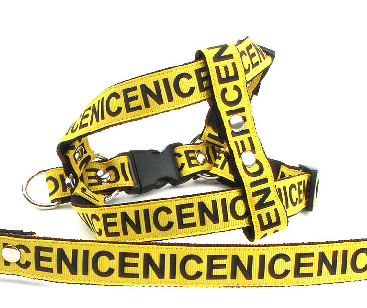 Yellow nylon dog harness and leash laid flat showing text pattern and metal attachments
