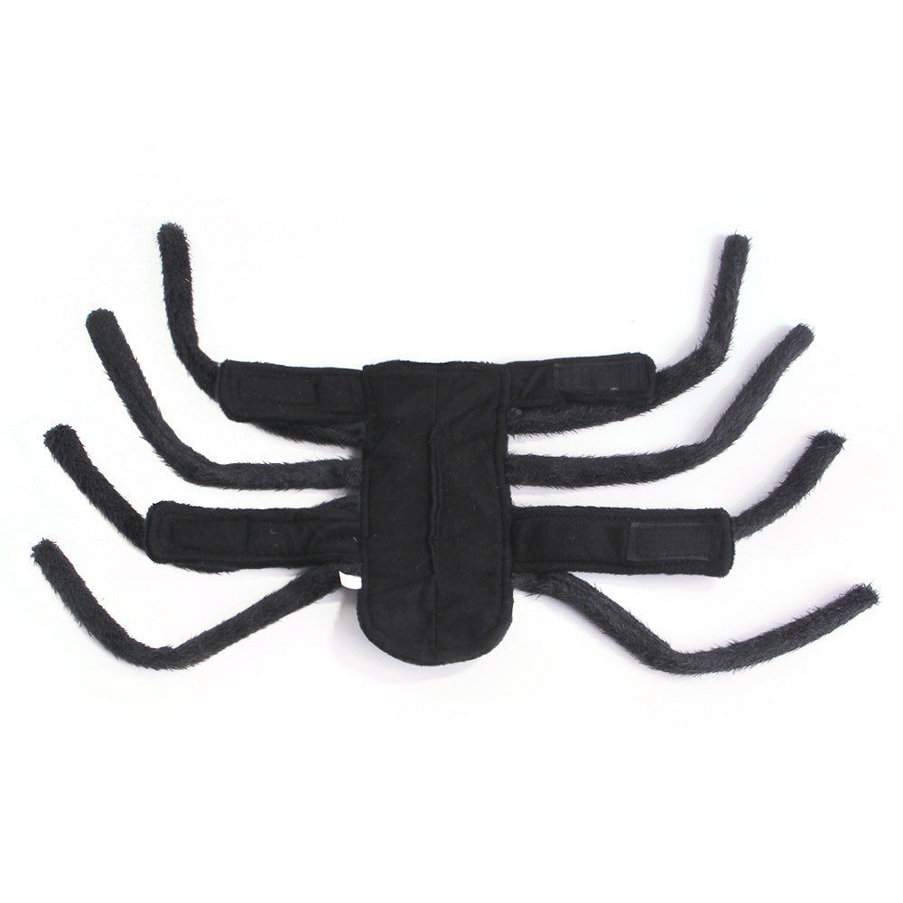 Top view of black plush spider pet costume showing leg and body layout with Velcro straps