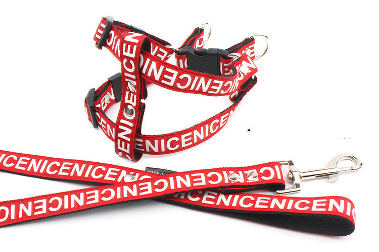 Red nylon dog leash and harness set with NICENICENICE text and adjustable buckle