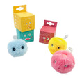 Load image into Gallery viewer, Packaged and unpackaged pink, yellow, and blue plush cat teaser balls shown clearly against a bright white background
