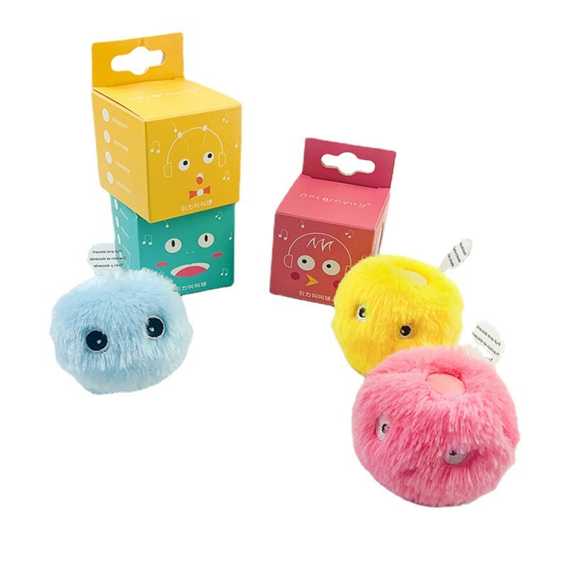 Packaged and unpackaged pink, yellow, and blue plush cat teaser balls shown clearly against a bright white background
