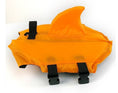 Cargar la imagen en la vista de la galería, Orange shark fin dog life jacket laid flat showing buckle straps and design details
