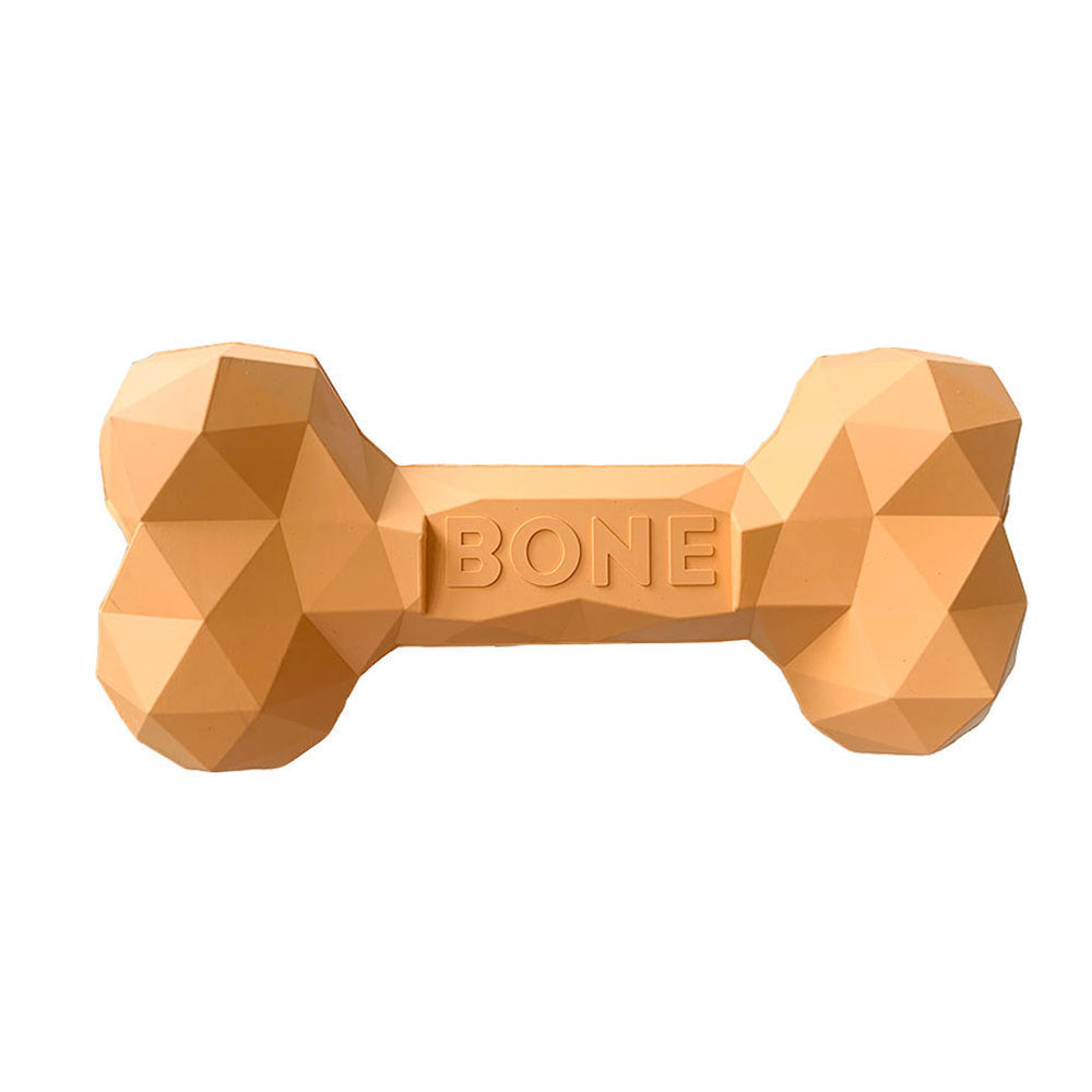 Tan geometric rubber dog bone toy with BONE logo on white background