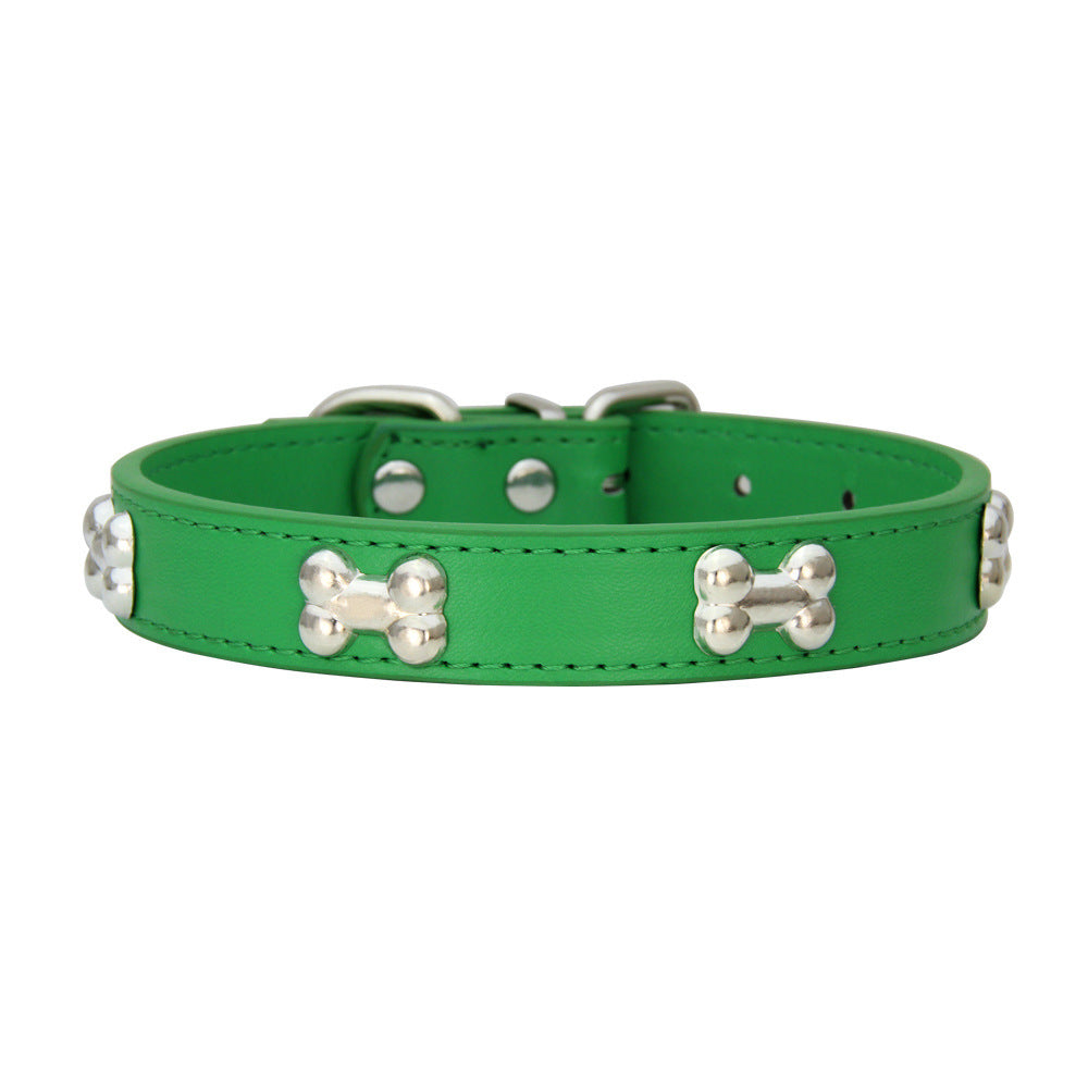 Green PU leather dog collar decorated with silver bone studs