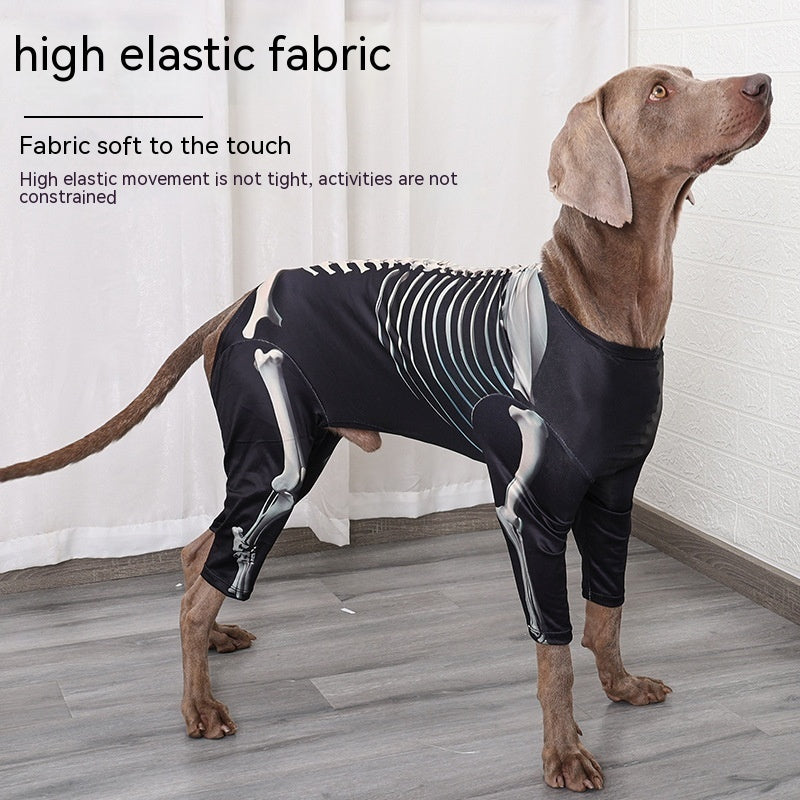 Dog standing indoors wearing black skeleton costume highlighting softness and stretch fit