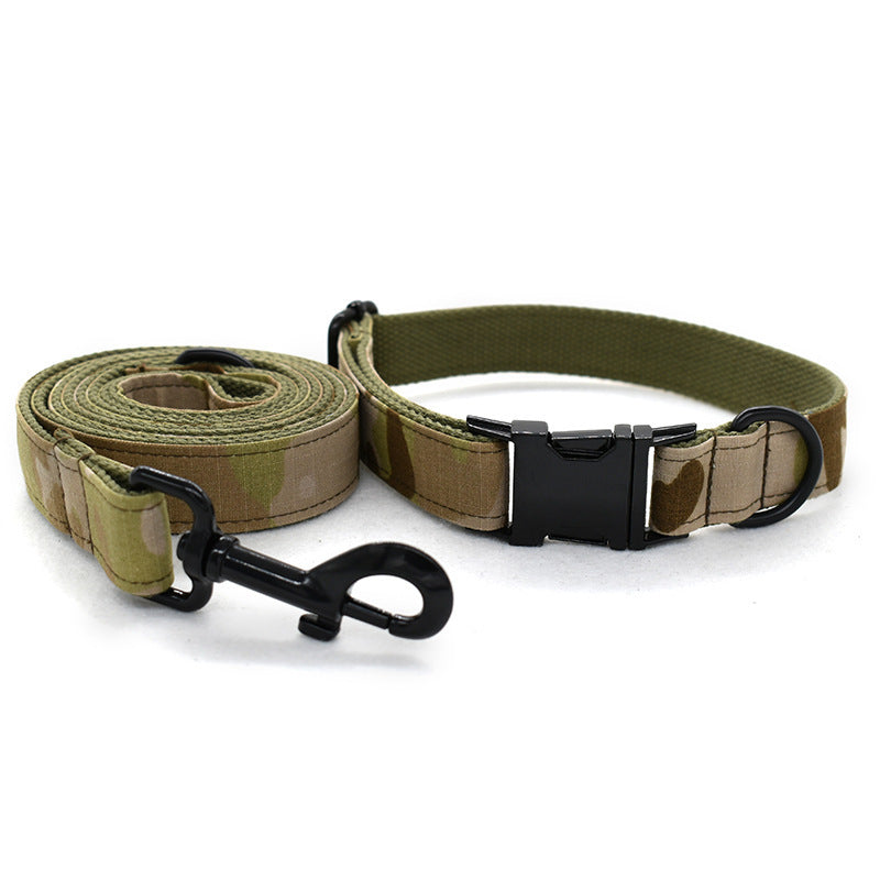 Camouflage dog collar and leash set shown side by side on white background