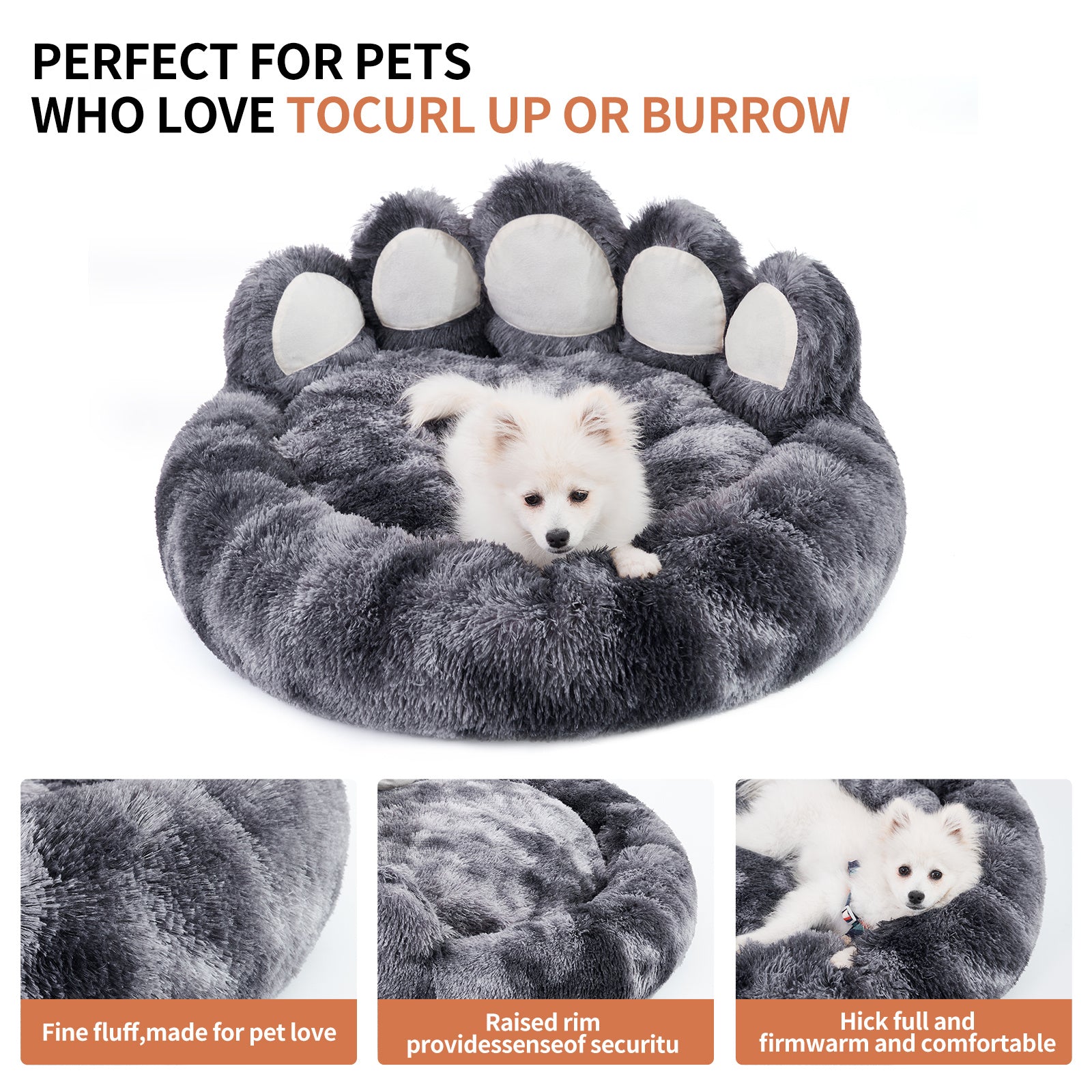 Gray plush bear paw bed showcasing premium fluff fabric, raised rim, and thick padding