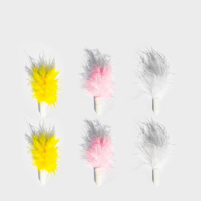 Six colorful replacement feather attachments in yellow, pink, and white for cat toy