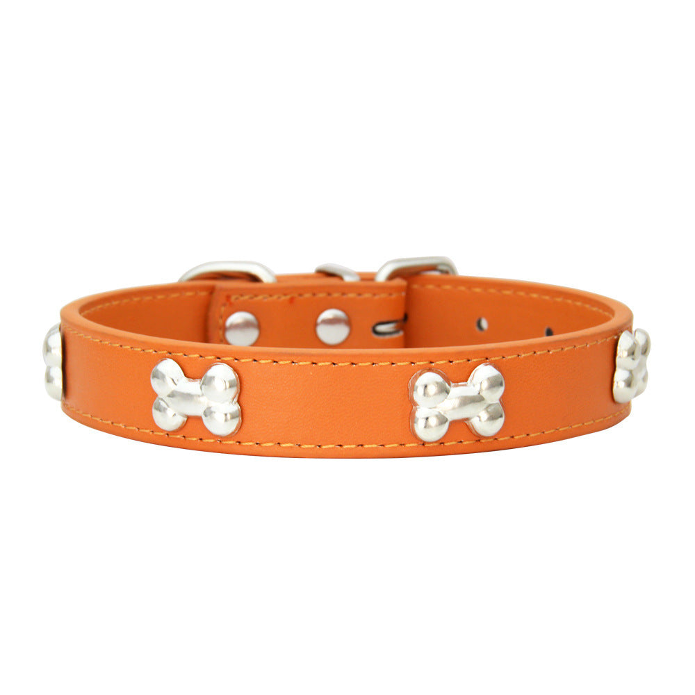 Dark blue PU leather dog collar studded with silver bones