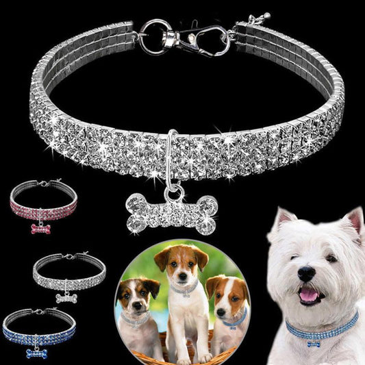 Silver rhinestone dog collar with sparkling crystal bone pendant on black background
