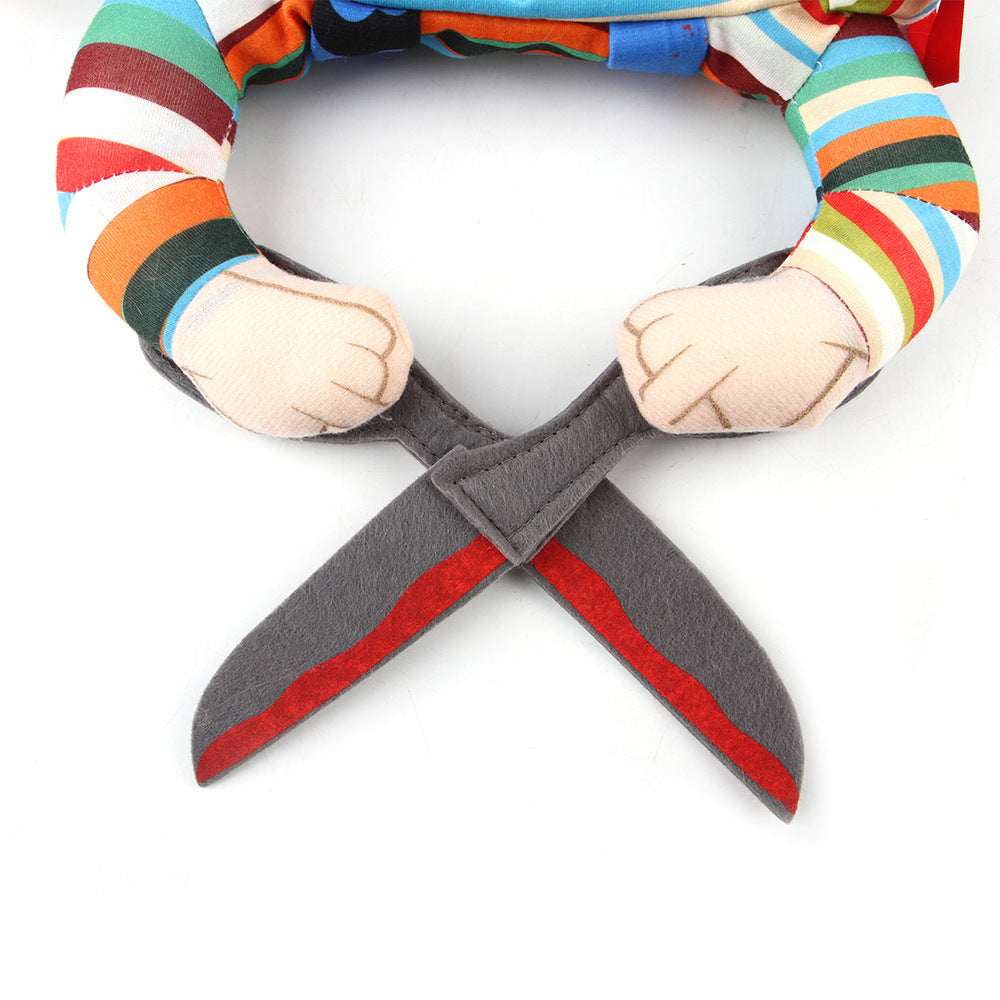 Detailed front view of pet costume showing colorful striped sleeves and crossed scissor plush arms