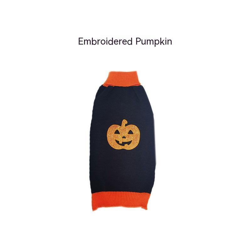 Black dog sweater with embroidered orange pumpkin and orange cuffs