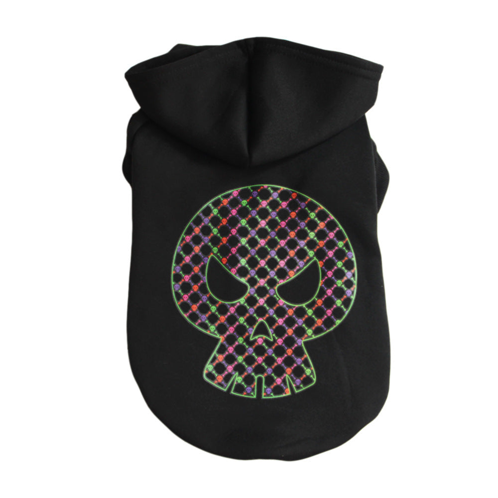 Black dog hoodie featuring a pattern-filled skull design in neon colors