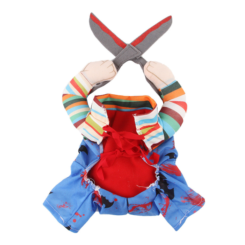 Cat modeling the scissor hands costume with text 'Funny Three-dimensional Pet Suit' on white background