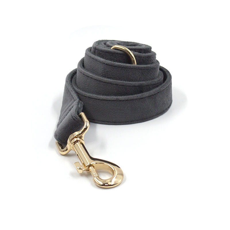 Coiled dark gray velvet leash with gold snap hook
