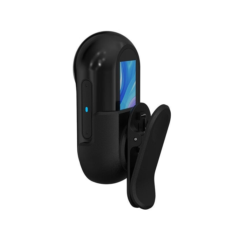 Back view of black rotating camera showing screen and clip attachment