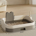 Cargar la imagen en la vista de la galería, Beige and gray portable dog potty training tray with dimensions shown, plastic base, metal grate, and splash guard
