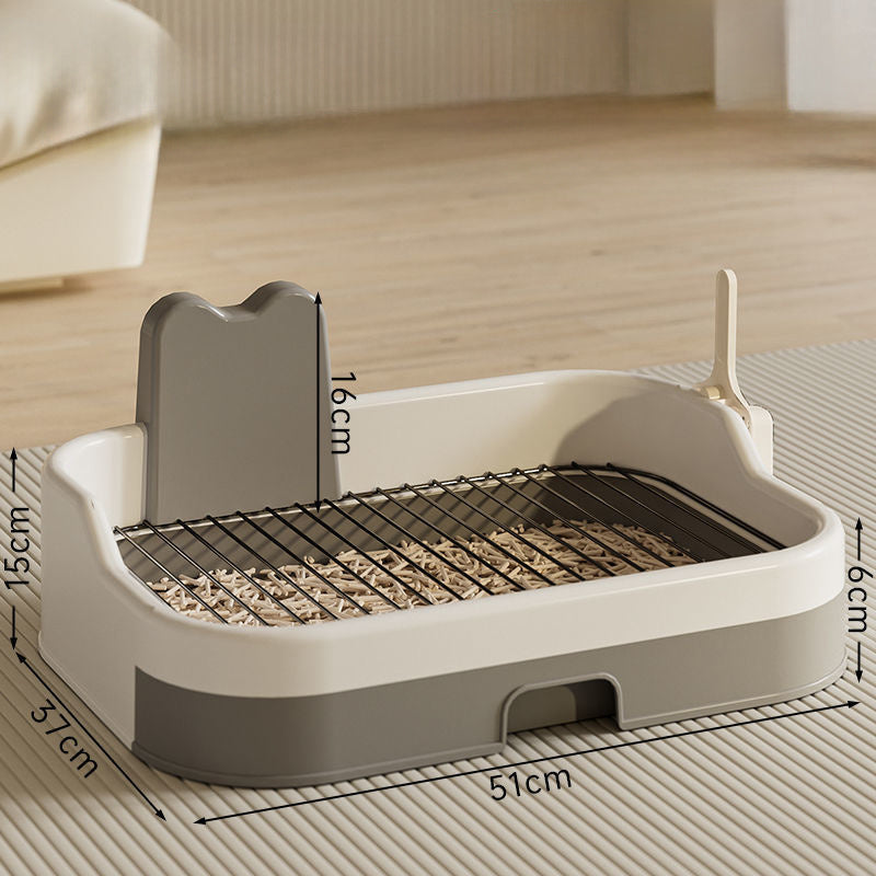 Beige and gray portable dog potty training tray with dimensions shown, plastic base, metal grate, and splash guard