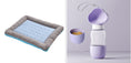 Load image into Gallery viewer, Blue cooling pet bed mat next to lavender-purple pet feeder with heart decorations and detachable food cup.
