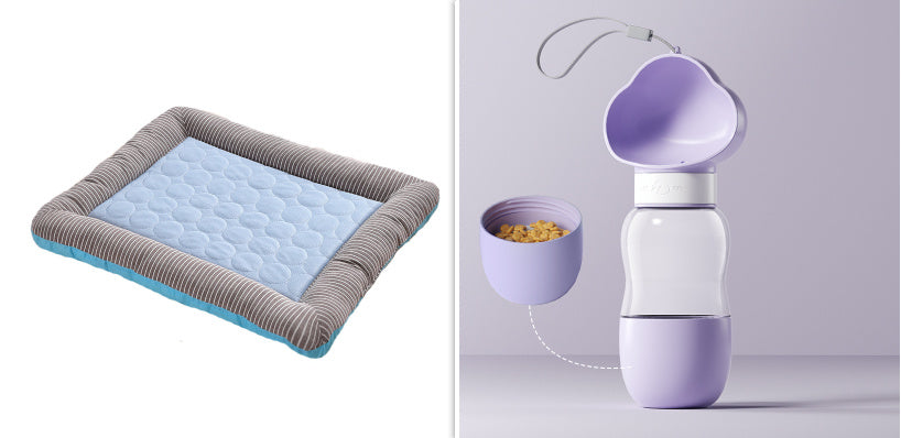 Blue cooling pet bed mat next to lavender-purple pet feeder with heart decorations and detachable food cup.