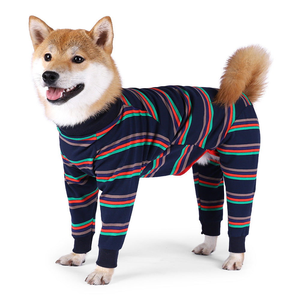 Shiba Inu wearing dark blue striped full-coverage four-legged dog pajamas standing