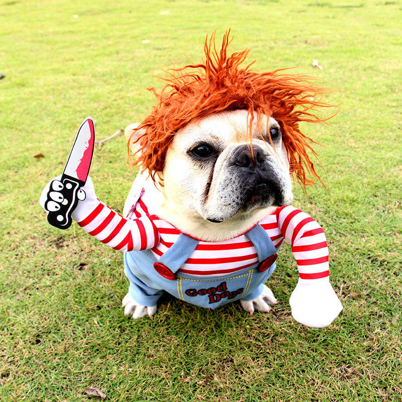 Small dog wearing Chucky-inspired Halloween costume with red and white striped shirt, blue overalls, orange wig, and holding a fake knife prop