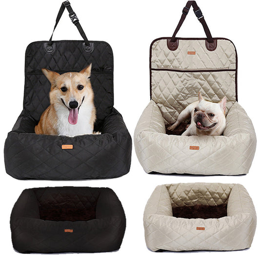 Two quilted convertible dog car seat beds side by side in black and beige, each with a dog inside showing secured pet travel option