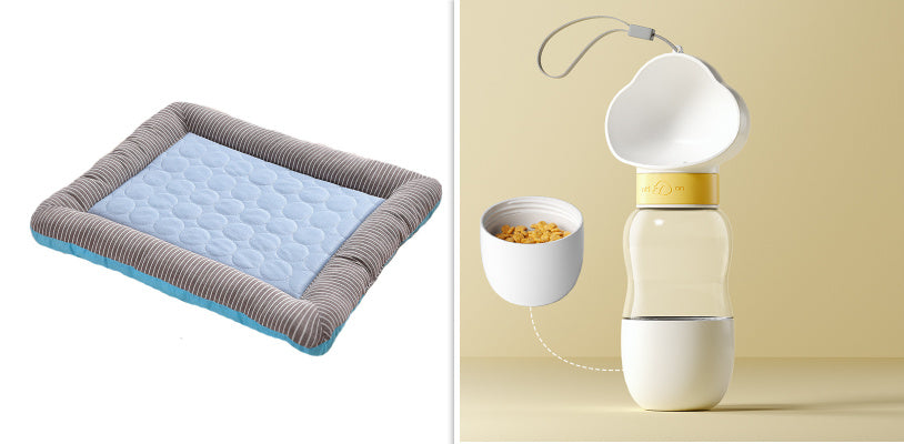 Blue cooling pet bed mat paired with beige and white pet feeder with heart detail on lid and food bowl.