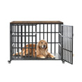 Cargar la imagen en la vista de la galería, Side view of black metal dog crate with open door showing a resting golden retriever
