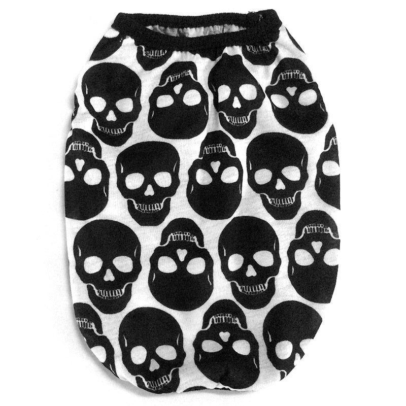 Flat lay of black and white skull print dog shirt showing full front with elastic bottom